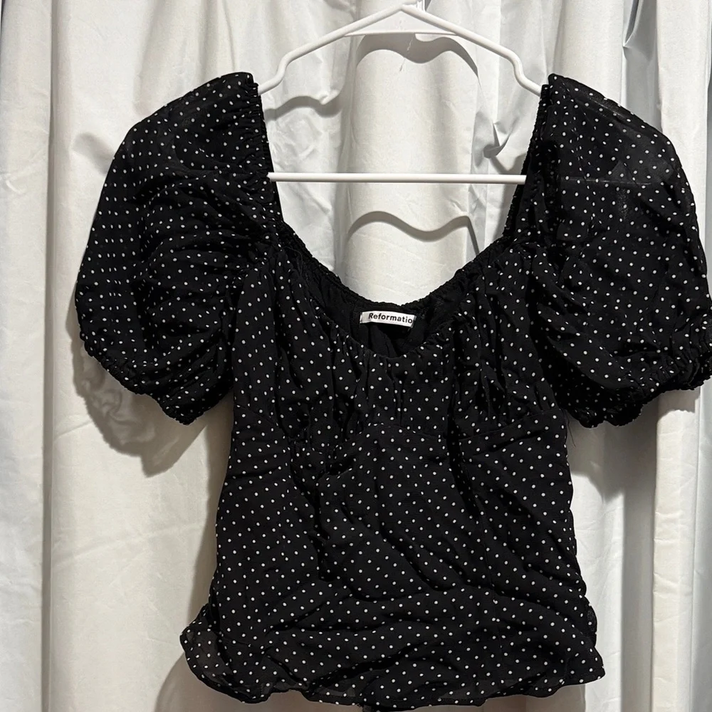 Reformation Black Polka Dot Puff Sleeve Blouse